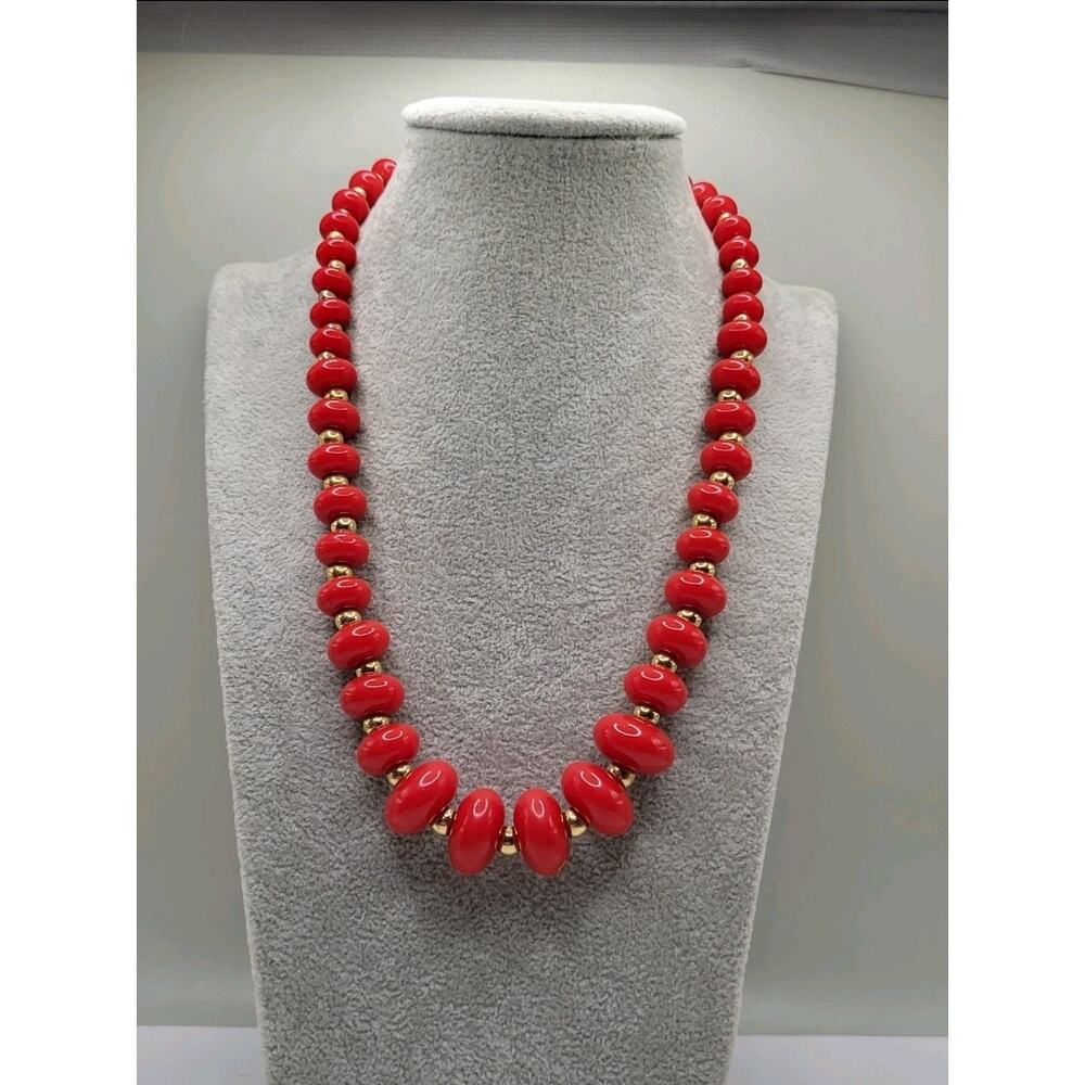 Vintage Napier Red Bead Necklace Gold Tone Spacers 18 Inch Bold Donut Beads
